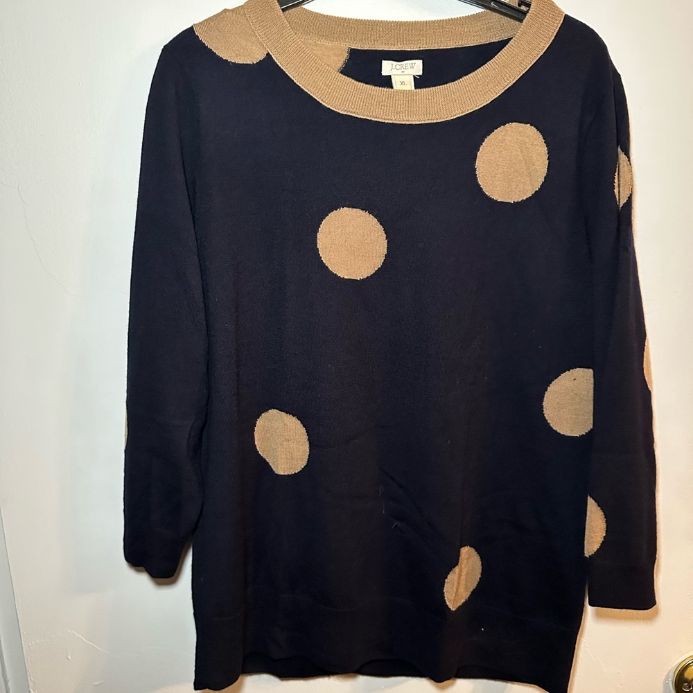J. Crew navy blue sweater with camel brown polka dots size XL